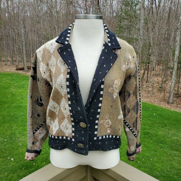 Vtg Painted Pony Women Tapestry Jacket Small Medium Black Tan White Flower Coat - Picture 2 of 11